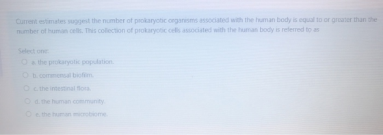 Current estimates suggest the number of prokaryotic organisms associated with the human body is equal to or greater than the