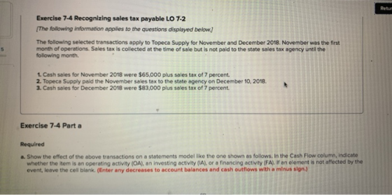 Retur Exercise 7-4 Recognizing sales tax payable LO 7-2 The following information applies to the questions displayed below.)
