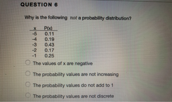 QUESTION 6 Why is the following not a probability distribution? co to ox P(x) 0.11 0.19 0.43 0.17 0.25 The values of x are ne