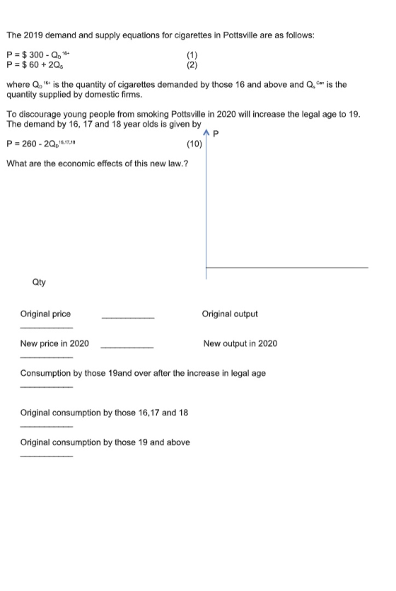 The 2019 demand and supply equations for cigarettes in Pottsville are as follows: P = $ 300 - Q. 16+ P = $ 60 + 2Qs where Q.
