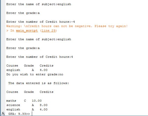 Enter the name of subject:english Enter the grade:a Enter the number of Credit hours:-4 Warning: InCredit hours can not be ne