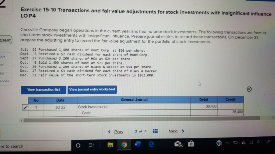 Exercise 15-10 Transactions and fair value adjustments for stock investments with insignificant influence LO P4 Carlsville Co