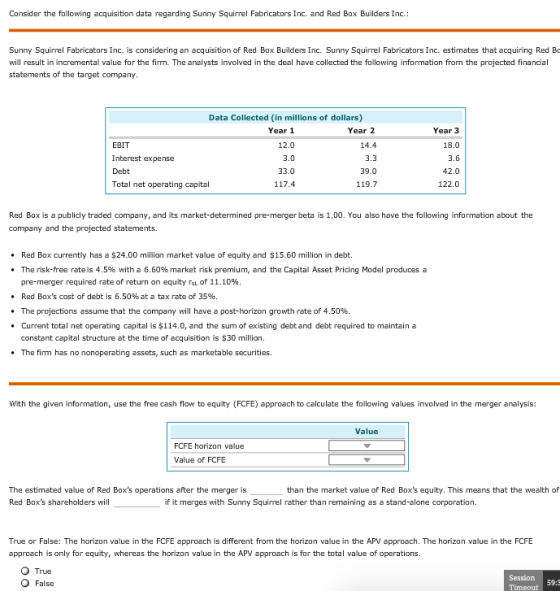 Consider the following acquisition data regarding Sunny Squirrel Fabricators Inc. and Red Box Builders Inc.: Sunny Squirrel Fabricators Inc. is considering an acquisition of Red Box Builders Inc. Sunny Squirrel Fabricators Inc. estimates that acquiring Red Bo will result in incremental value for the firm. The analysts involved in the deal have collected the following information from the projected financial statements of the target company Data Collected (in millions of dollars) Year 1 Year 2 14.4 3.3 39.0 119.7 Year 3 18.0 EBIT Interest expense Debt Total net operating cap 12.0 33.0 42.0 ital 122.0 Red Box is a publicly traded company, and its market-determined pre-merger beta is 1.00. You also have the following information about the company and the projected statements. . Red Box currently has a $24.00 million market value of equity and $15.60 million in debt. * The risk-free rate is 4.5% with a 6.60% market risk premium, and the Capital Asset Pricing Model produces a pre-merger required rate of return on equity rsL of 11.10% Red Boxs cost of debt is 6.50% at a tax rate of 35%. * The projections assume that the company will have a post-horizon growth rate of 4.50%. .Current total net operating capital is $114.0, and the sum of existing debtand debt required to maintain a constant capital structure at the time of acquisition is $30 million. The fim has no nonoperating assets, such as marketable securities. With the given information, use the free cash flow to equity (FCFE) approach to calculate the following values involved in the merger analysis Value FCFE horizon value Value of FCFE The estimated value of Red Boxso Red Boxs shareholders will perat tions after the merger is than the market value of Red Boxs equity. This means that the wealth of if it merges with Sunny Squirrel rather than remaining as a stand-alone corporation. True or False: The horizon value in the FCFE approach is different from the horizon value in the APV approach. The horizon value in the FCFIE approach is only for equity, whereas the horizon value in the APV approach is for the total value of operations. Session O False 59:3