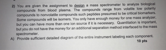 2) You are given the assignment to design a mass spectrometer to analyze biological compounds from blood plasma. The compound