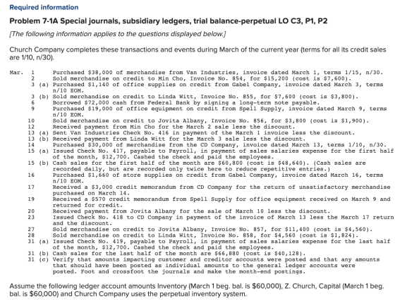 Required information Problem 7-1A Special journals, subsidiary ledgers, trial balance-perpetual LO C3, P1, P2 (The following