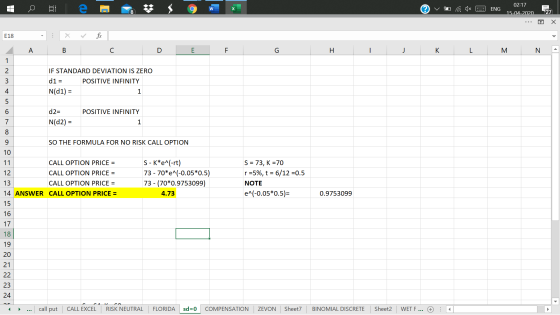 ® v a ax 2 ENG 02:17 15-04-2020 E18 X ✓ fic A B D E H I J K L M N A IF STANDARD DEVIATION IS ZERO d1 = POSITIVE INFINITY N(d1