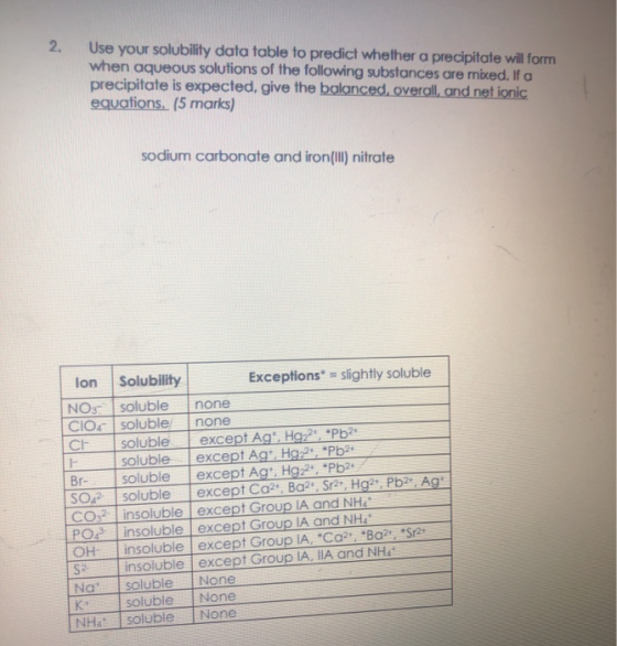 2. Use your solubility data table to predict whether a precipitate will form when aqueous solutions of the following substanc