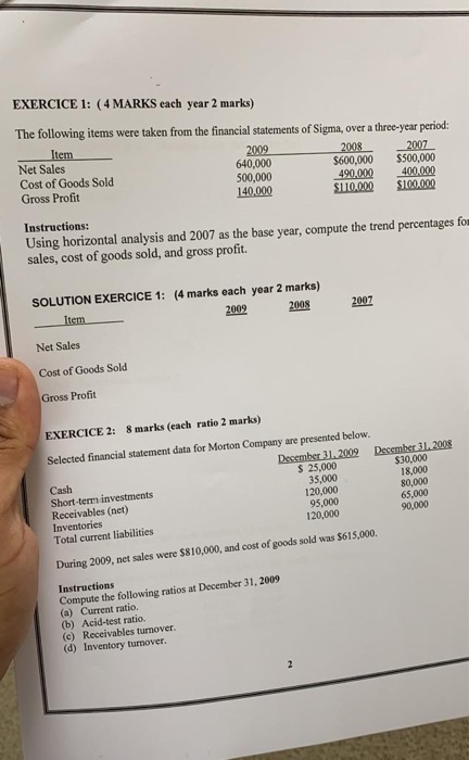 EXERCICE 1: (4 MARKS each year 2 marks) The following items were taken from the financial statements of Sigma, over a three-y