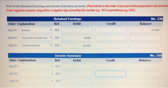 Post to the Retained Earnings and Income Summary accounts. (Post entries in the order of Joumal entries presented in the prev