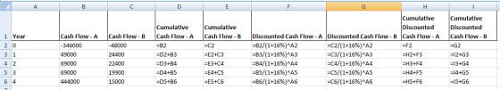 A B C D E 1 Year 20 3 1 42 5 3 64 Cash Flow - A -346000 49000 69000 69000 444000 Cash Flow - B - 48000 24400 22400 19900 1500