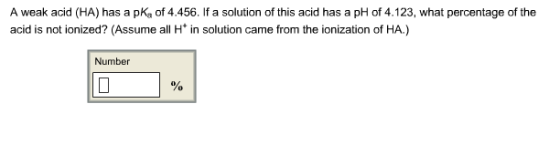 A weak acid (HA) has a pKa of 4.456. If a solution of this acid has a pH of 4.123, what percentage of the acid is not ionized? (Assume all H* in solution came from the ionization of HA.) Number
