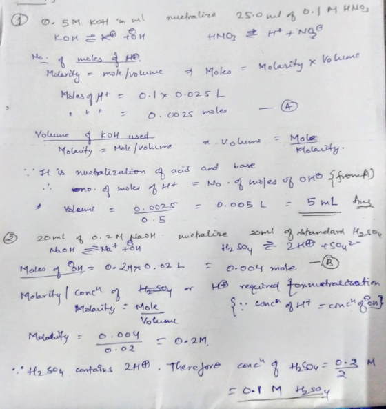 and base 0.59 KOH n wel nuetralize 25.0nel of o. JM HNO, kon & Ko ton HINO & H +Nge No. of moles of Ho. Molarity = mole/rowm