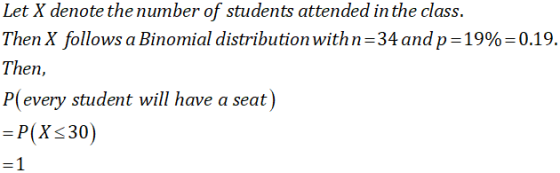 Let X denote the number of students attended in the class Then X follows a Binomial distribution with n = 34 and p = 19% = 0.19 Then, P(every student will have a seat) - P(X s30) 1