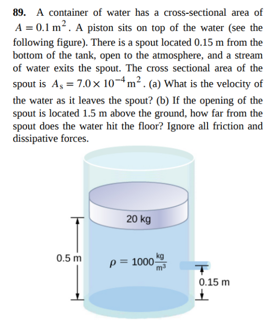 89. A container of water has a cross-sectional area of A = 0.1 m2. A piston sits on top of the water (see the following figure). There is a spout located 0.15 m from the bottom of the tank, open to the atmosphere, and a stream of water exits the spout. The cross sectional area of the -4, ,2 the water as it leaves the spout? (b) If the opening of the spout is located 1.5 m above the ground, how far from the spout does the water hit the floor? Ignore all friction and dissipative forces. 20 kg kg m3 0.5 m ρ = 1000 0.15 m