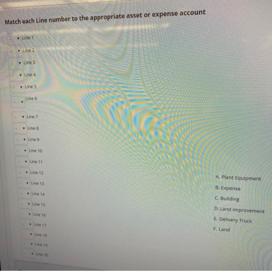 Match each Line number to the appropriate asset or expense account Line 1 Line 2 Line 3 Line 4 Line 5 Line 6 Line 7 Line 8 Li