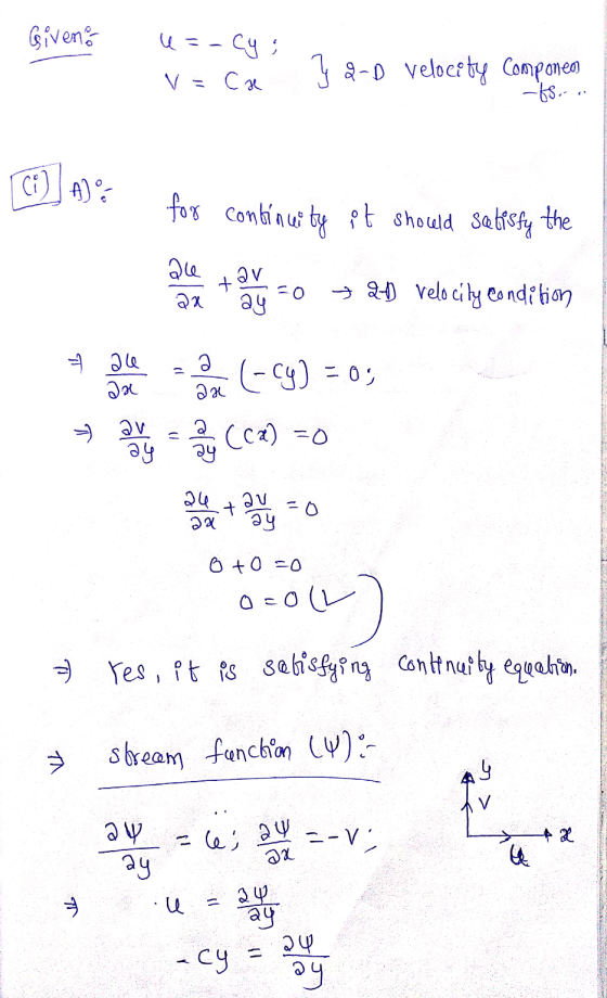 Giveno Uscy: V = ca y &-D velocity componeo -65 CH Al- for continuity it should satisfy the ale 2x av + 24 * 24 velocity cond