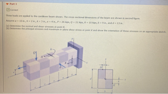 Part 1 Correct Three loads are applied to the cantilever beam shown. The cross-sectional dimensions of the beam are shown in