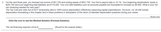 2. For the next fiscal year, you forecast net income of $51,700 and ending assets of $501,700. Your firms payout ratio is 10