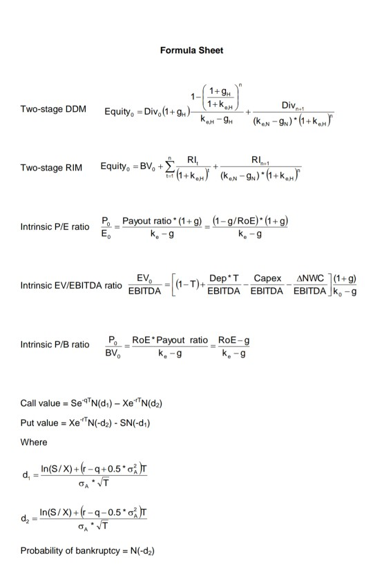 Formula Sheet 1-1+9) Two-stage DDM Equity 1+ Div. (1+9H) K.-9. Div 1 (k-9N)*(1+k Two-stage RIM Equity, = BV, +Š RI+ RU + (1+K