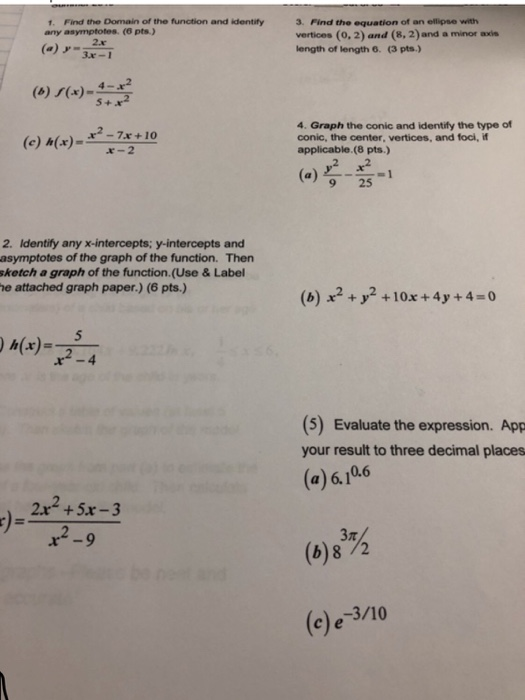 1. Find the Domain of the function and identify any asymptotes (6 pts.) 3. Find the equation of an ellipse with vertices (0,