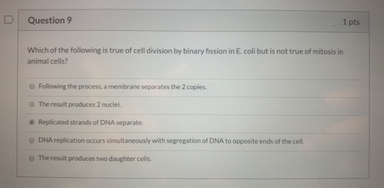 DQU Question 9 1 pts Which of the following is true of cell division by binary fission in E. coli but is not true of mitosis