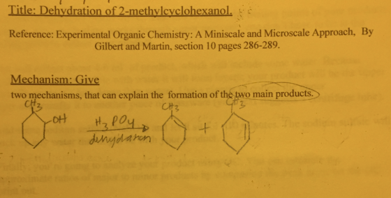 Title: Dehydration of 2-methylcyclohexanol. Reference: Experimental Organic Chemistry: A Miniscale and Microscale Approach, B