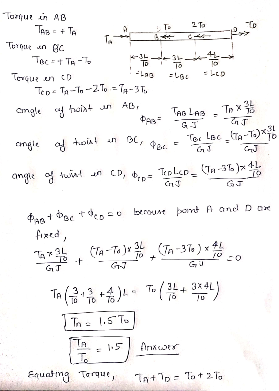 2 To 10 Torque in AB TAB = I TA A Cap Torque un gc Tec = + TA - TO K S30*4 → Torque en CD :-LAB -Lec = LCD - Teo=TA-To-2 To