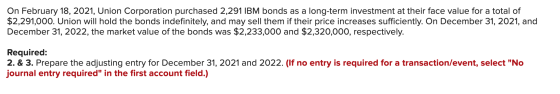 On February 18, 2021, Union Corporation purchased 2,291 IBM bonds as a long-term investment at their face value for a total o