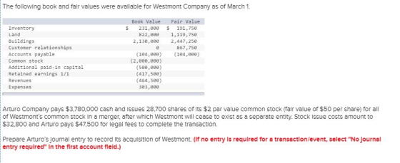 The following book and fair values were avallable for Westmont Company as of March 1 Book Value Fair Value $ 231,888 191,758 Inventory Land Buildings Customer relationships Accounts payable Common stock Additional paid-in capital Retained earnings 1/1 Revenues Expenses 822,8 1,119,758 2,13e,9e8 2,447,258 867,758 (184, 1,8) (2,866,888) (58e,eee) (417,508) (464, 588) 303,8e8 Arturo Company pays $3,780,000 cash and Issues 28,700 shares of its $2 par value common stock (falr value of $50 per share) for all of Westmonts common stock In a merger, after which Westmont will cease to exist as a separate entity. Stock Issue costs amount to $32,800 and Arturo pays $47,500 for legal fees to complete the transaction. Prepare Arturos Journal entry to record its acquisition of Westmont. (If no entry Is required for a transactlon/event, select No jJournal entry requlred In the first account field.)