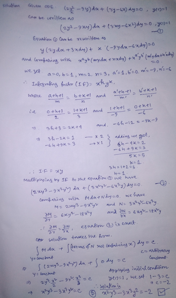 solution Given ODE. (242 - 95) du + (34-60) dy 20 yeagal can be written as (242–944) du + (329-6x2) dy=0 yerda Equation ( Cam