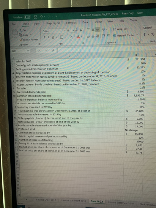 AutoSave Problem1_Student File_F20V2.xlsx - Read-Only - Excel OB 2 Data View Team Review Help Formulas File Home Insert Page