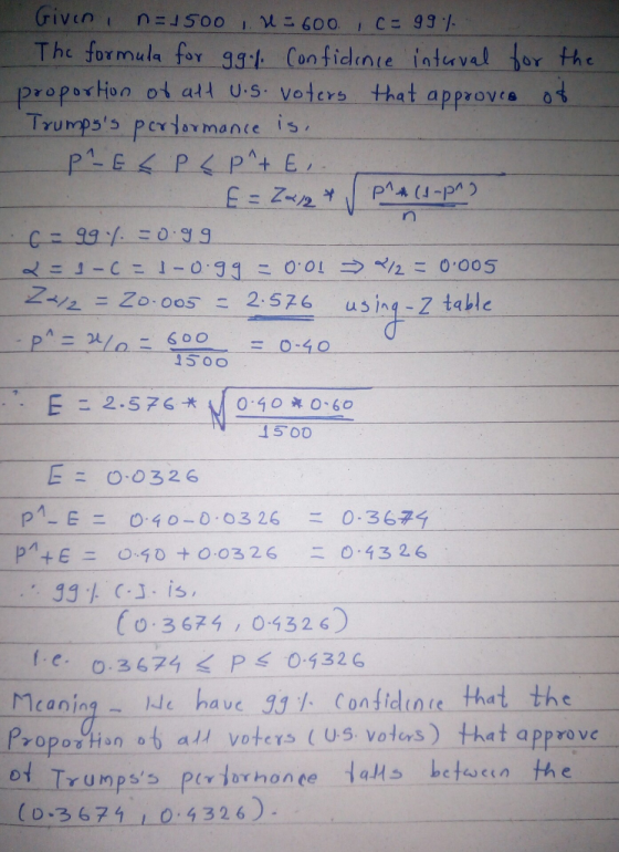 Given i n=1500 in-600 lCzggt Th 93t Con fidnte intevel for the formula for rn ム/2=Zooo5二2. 5 76 using-Z table 15 00 15 00 Eニ 0.0326 33 CJ.is (0 3 674, 04326 0.3671 4 PS 0-432 6 McaningNe have 33 Confidlene that the γ0pothon ot) a././ VD+CY,5 ( U. S. VoterS e hauc hat approvo (D3671 0 4326)