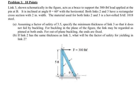 Problem 1: 10 Points Link 3, shown schematically in the figure, acts as a brace to support the 300-1bf load applied at the pi