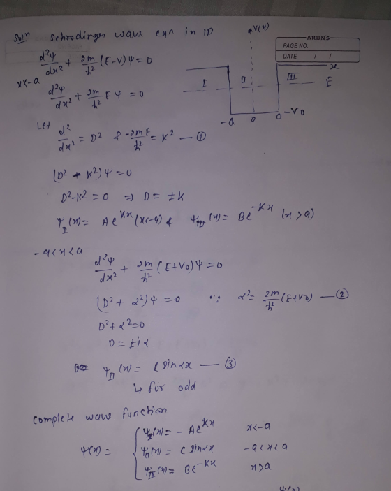 V(4) Sun ARUNS PAGE NO. DATE da2 = D2 & amta Schrodinger wave enn in in dy Im LF-V) 4 = 0 * + Im fy=0 Let K² - 0 +2 duet UP-