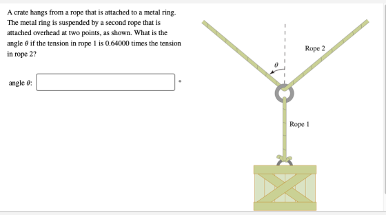 A crate hangs from a rope that is attached to a metal ring. The metal ring is suspended by a second rope that is attached ove