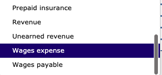 Prepaid insurance Revenue Unearned revenue Wages expense Wages payable