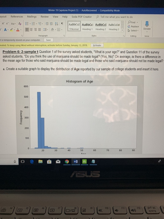 Winter 19 Capstone Project (1)- AutoRecovered Compatibility Mode ayout References Mailings Review View Help Soda PDF Creator Tell me what you want to do Find - be Replace Select . AA Aa- ·-·-·-·--釗町 LNormal] Heading 1 Heading 1 Heading2 Heading3Select Heading 3- A. ρ.스. E-3-B- Heading 2 Dictate Paragraph Editing t is temporanily stored on your computer. Save vated To keep using Wond without interruption activate before Sunday, January 13, 2012. Activate Problem 6:2-sample t Question 1 of the survey asked students, What is your age? and Question 11 of the survey asked students, Do you think the use of marijuana should be made legal? (Yes, No) On average, is there a difference in the mean age for those who said marijuana should be made legal and those who said marijuana should not be made legal? a. Create a suitable graph to display the distribution of Age reported by our sample of college students and insort it here. Histogram of Age 600 500 300 200 100 20 30 40 so 60 70 80 90 r10 112 prt sc sysra