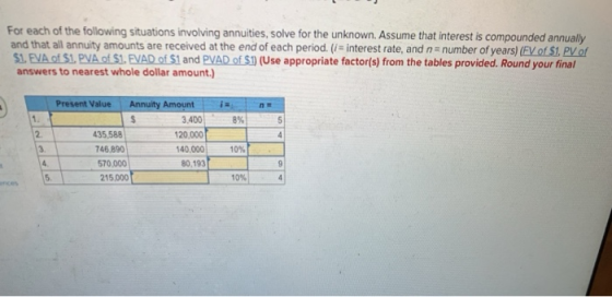 For each of the following situations involving annuities, solve for the unknown. Assume that interest is compounded annually