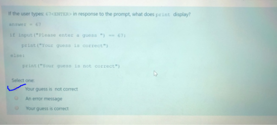 If the user types: 67<ENTER> in response to the prompt, what does print display? answer = 67 11 input(Please enter a guess