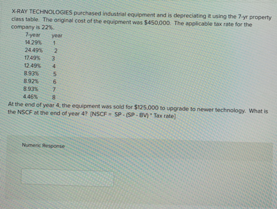 X-RAY TECHNOLOGIES purchased industrial equipment and is depreciating it using the 7-yr property class table. The original co