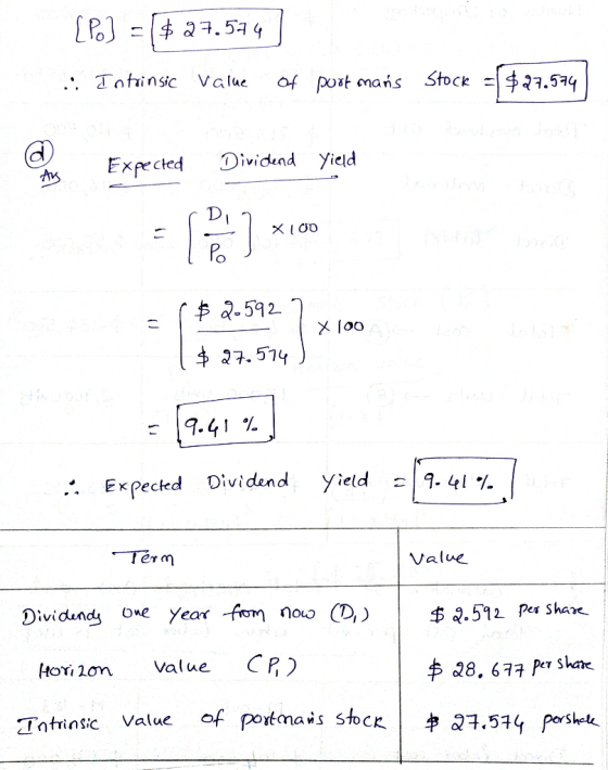 [P] = $ 27.514 .: Intrinsic value of post mans Stock = ($27.574 Expected Dividend yield - $ 2-592.7 x 100 1 X 100 $27.574 )