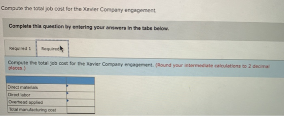 Compute the total job cost for the Xavier Company engagement. Complete this question by entering your answers in the tabs bel
