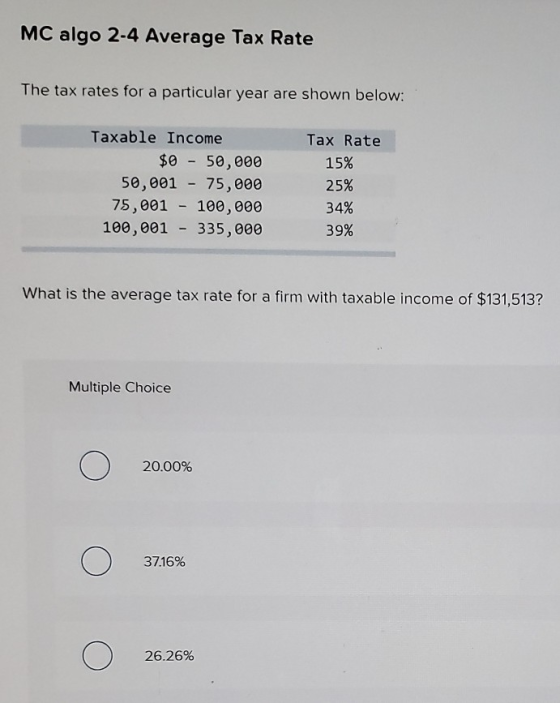 MC algo 2-4 Average Tax Rate The tax rates for a particular year are shown below: Taxable Income $0 - 50,000 50,001 - 75,000