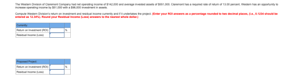 The Western Division of Claremont Company had net operating income of $142,000 and average invested assets of $551,000. Clare