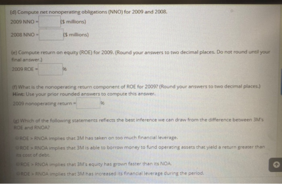 (d) Compute net nonoperating obligations (NNO) for 2009 and 2008. 2009 NNO = (5 millions) 2008 NNO ($ millions) (e) Compute r
