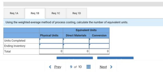 Reg 1A Reg 1B Req 1C Reg 1D Using the weighted average method of process costing, calculate the number of equivalent units. E
