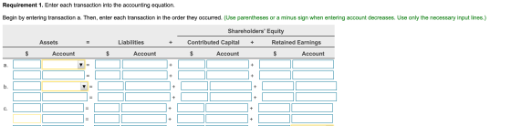 Requirement 1. Enter each transaction into the accounting equation. Begin by entering transaction a. Then, enter each transac