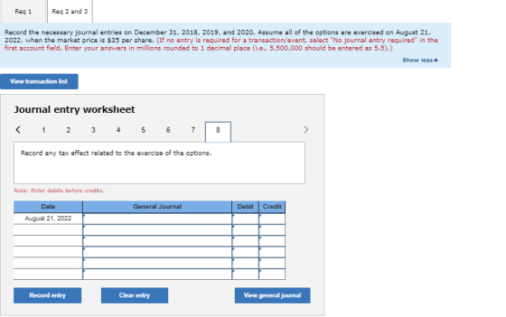 Req 1 Req 2 and 3 Record the necessary journal entries on December 31, 2018, 2019, and 2020. Assume all of the options are ex