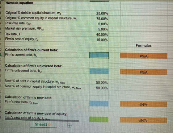 Hamada equation 3 Original % debt in capital structure, wd Original % common equity in capital structure, we Risk-free rate,