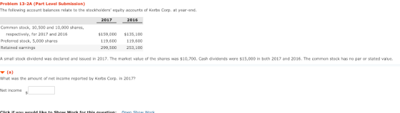 Problem 13-2A (Part Level Submission) The following account balances relate to the stockholders equity accounts of Kerbs Corp. at year-end. 2017 2016 Common stock, 10,500 and 10,000 shares, respectively, for 2017 and 2016 Preferred stock, 5,000 shares Retained earnings $159,000 $135,100 119,600 119,600 99,500 253,100 A small stock dividend was declared and issued in 2017. The market value of the shares was $10,700. Cash dividends were $15,000 in both 2017 and 2016. The common stock has no par or stated value What was the amount of net income reported by Kerbs Corp. in 2017 Net income
